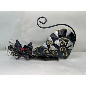 Vintage Halloween Black Cat Candle‎ Holder Tea Light Statue Tin Metal Folk Art